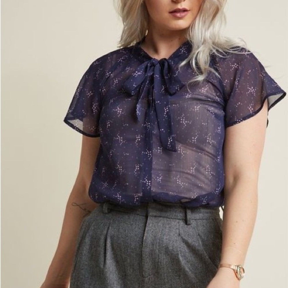 ModCloth Sheer Top with Tie Neck in Starry Night Size L